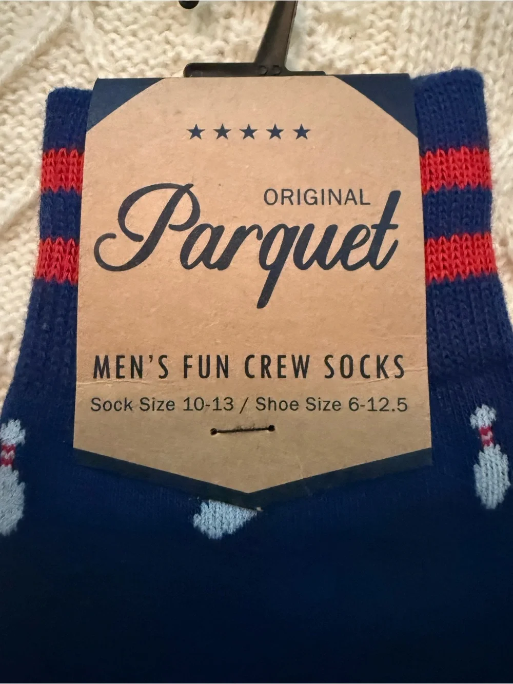 Parquet Men's Navy Crew Socks with Red Toe and Bowling Pin Motif